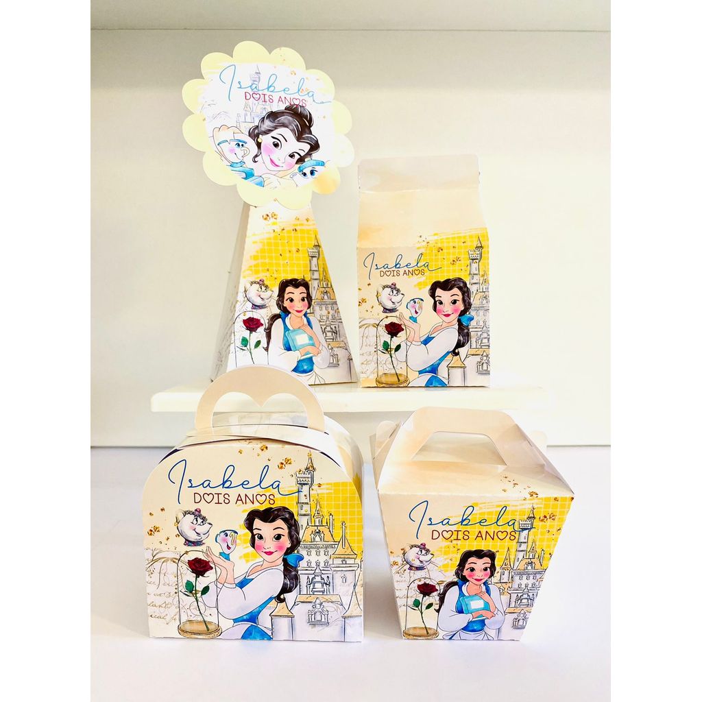 Kit Caixinhas Papelaria Personalizada Princesa Bela e a Fera Lembrancinha Festa Infantil DESMONTADO