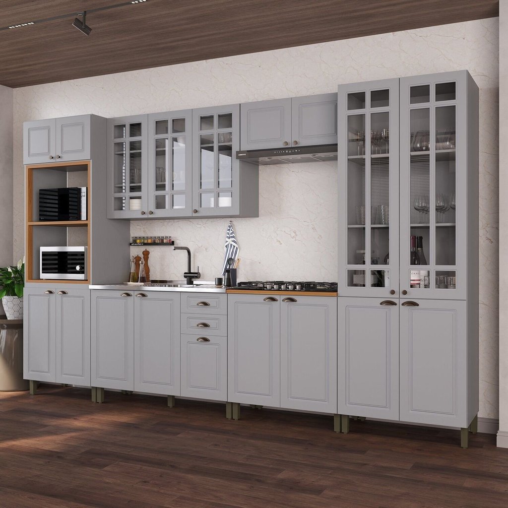 Cozinha Modulada 6 Peças Torre Quente Cristaleira e Aéreo com Vidro 2 Balcão sem Tampo 100% MDF Bari Cinza/Titanio