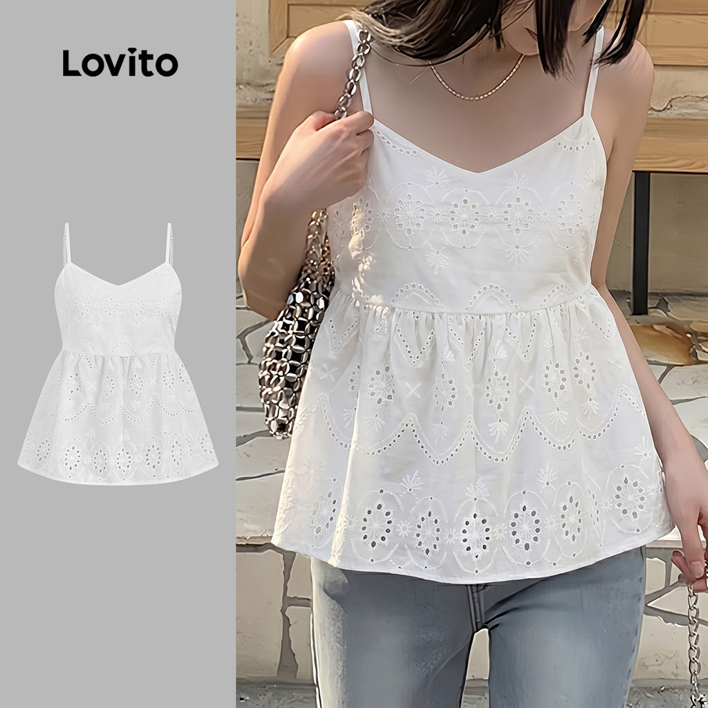 Lovito Férias Top com Recorte em Ilhós Bordado para a Primavera/verão Branco par