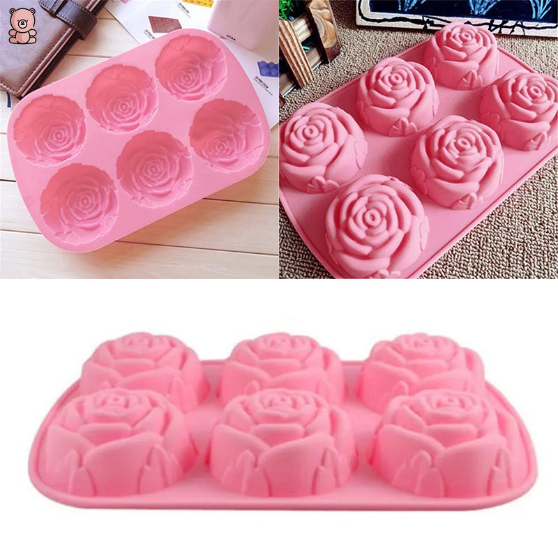 Silicone 6 Buracos Bolo De Flor De Rosa Sorvete Molde De Chocolate Cupcake 3D Panela De Prato Muffin