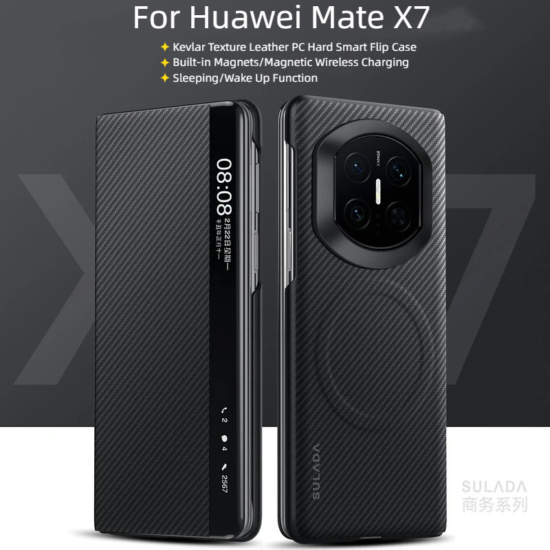 Luxo Textura Kevlar Couro PC Função De Dormir Magnético Vista Inteligente Janela Flip Caso Para Huawei Companheiro X7 X6