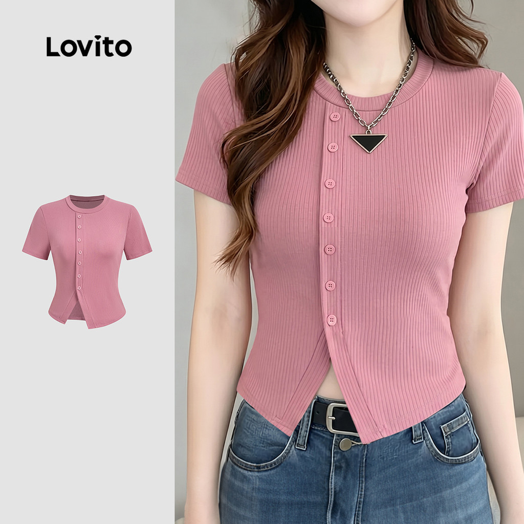 Lovito Camiseta Casual Botão Assimétrica Primavera/verão Rosa Camiseta para Mulh
