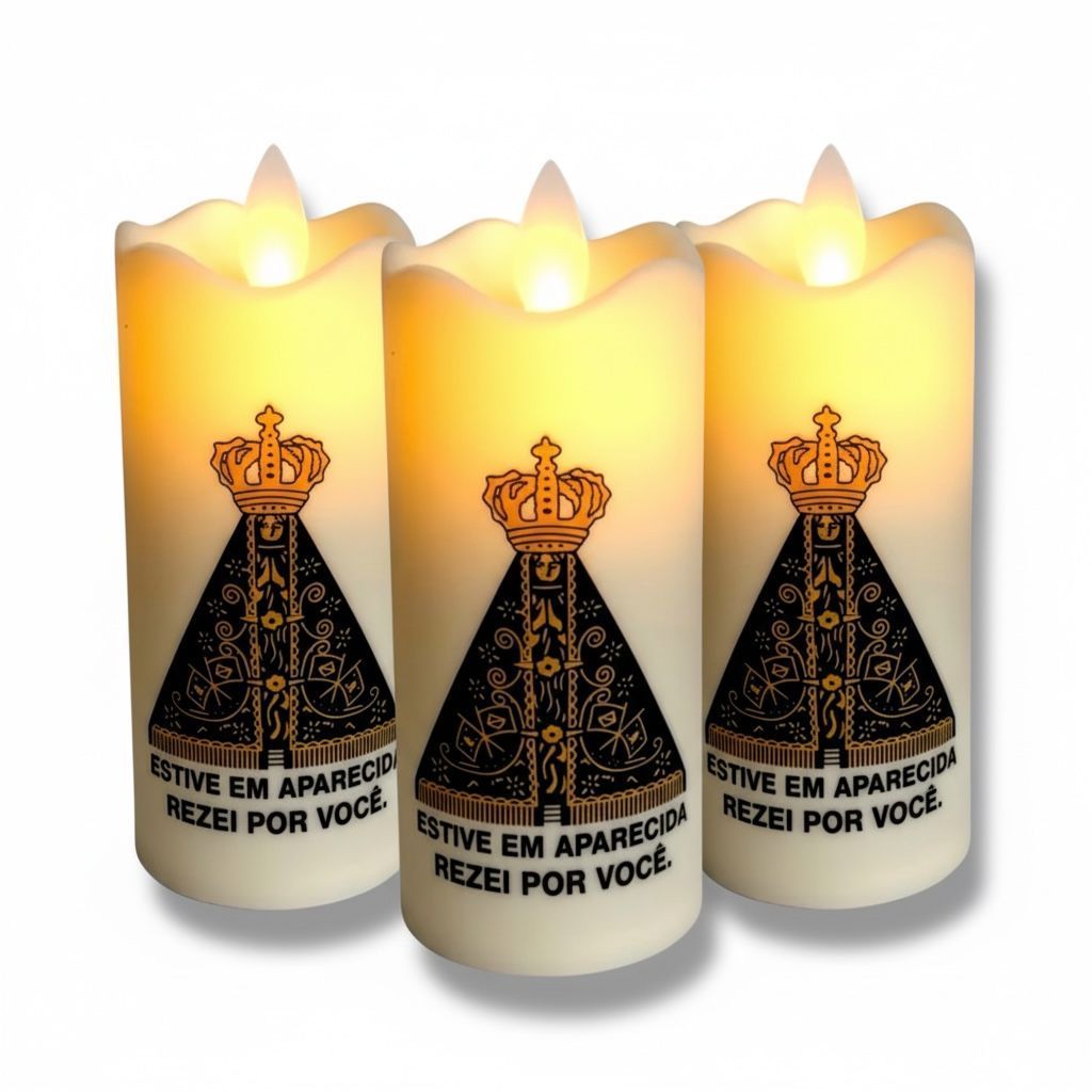 Kit 3 Velas Luz Led Nossa Senhora Aparecida Eletrônica Plástico Pilhas