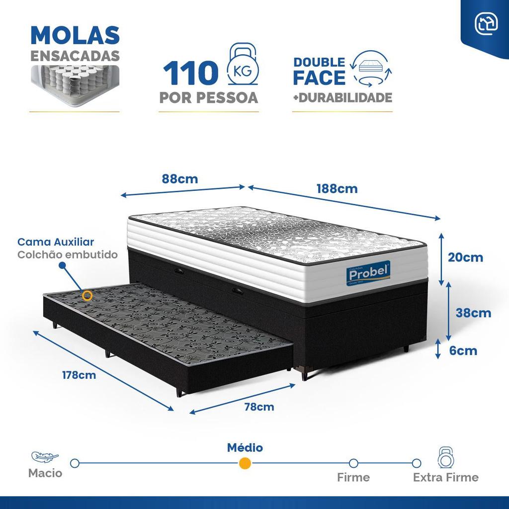Cama Box Baú com Colchão de Molas Ensacadas Double Face Essence Probel + Auxiliar Solteiro 88cm · foto 2