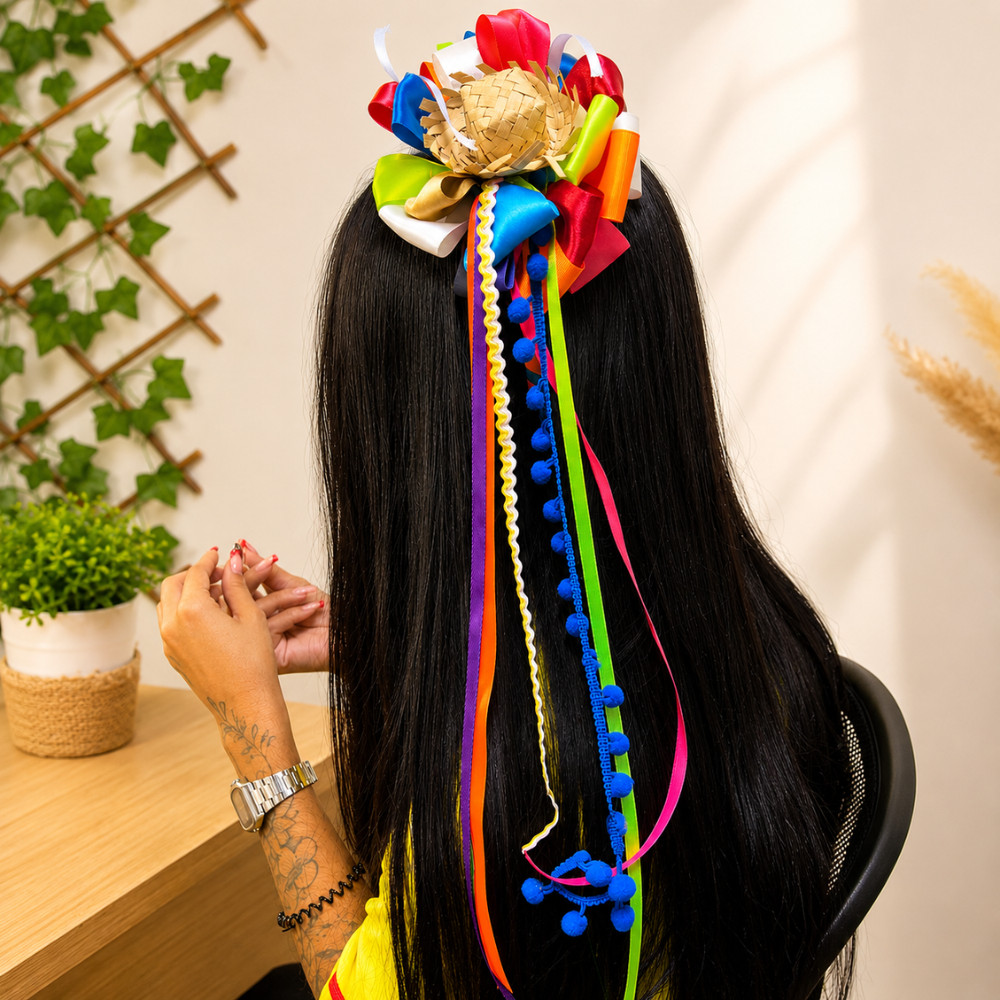 Tiara Caipira Luxo com Fitas e Pompons Multicoloridos – Festa Junina