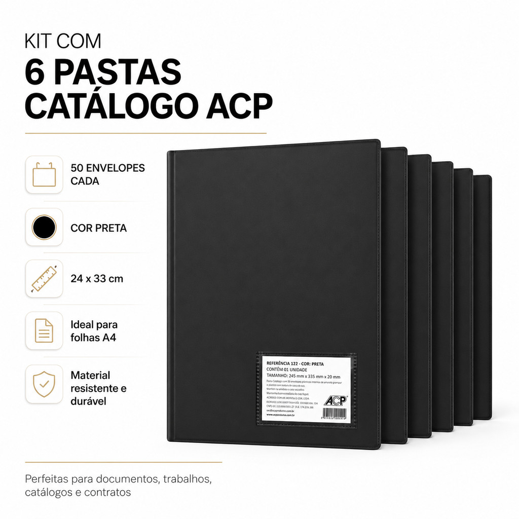 Kit com 6 Pasta Catalogo 50 envelopes, preta ACP