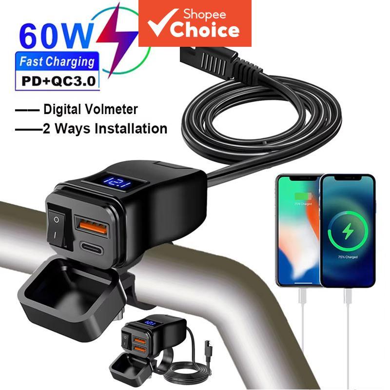 Carregador rápido USB para motocicletas QC3.0 com tomada Tipo-C à prova d'água e voltímetro digital