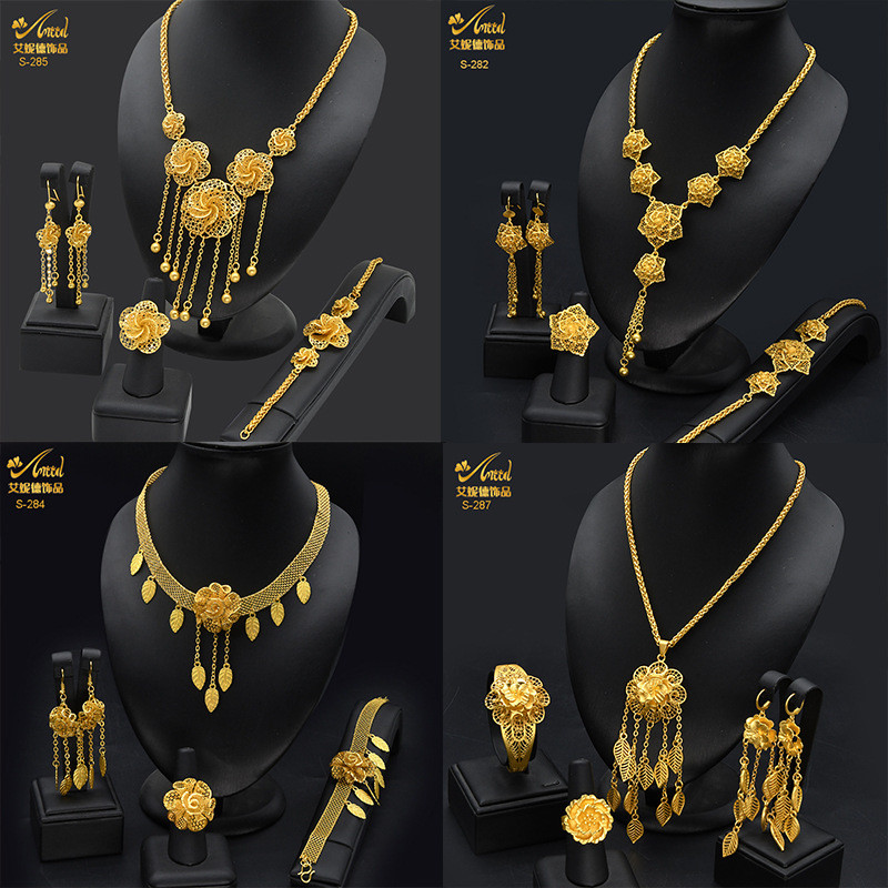 [B.Ling] Conjunto de joias ocas com flores banhadas a ouro 24k, colar, brincos, pulseira, anel, joias do Oriente Médio
