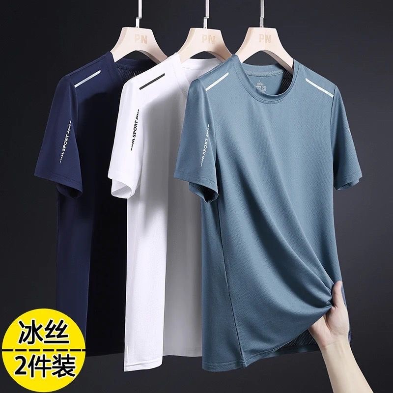 Verão gelo seda de manga curta camiseta masculina estilo fino respirável lazer esportes Fitness secagem rápida correndo