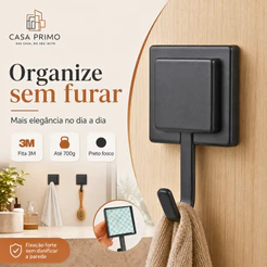 Gancho Adesivo Preto Fosco 3M Sem Furo Para Toalha Banheiro Cozinha Lavanderia Resistente Casa Primo