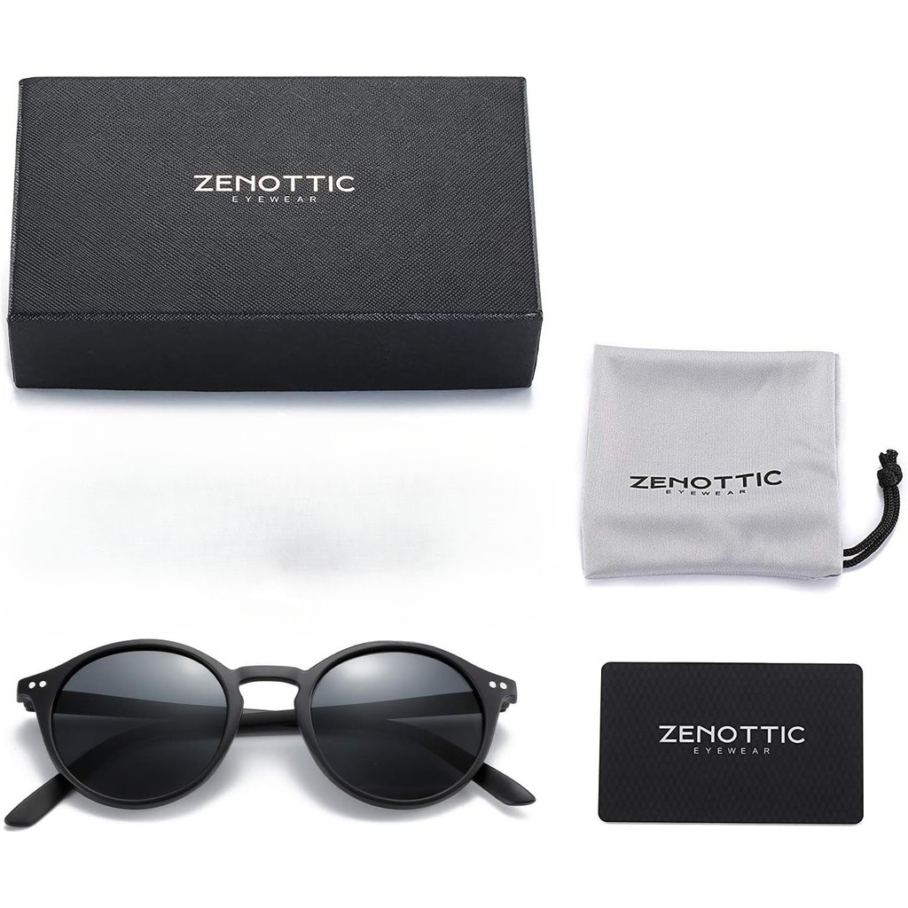 Óculos de Sol Polarizado ZENOTTIC Unissex Retrô Redondo UV400 Preto Com Bolsa Premium