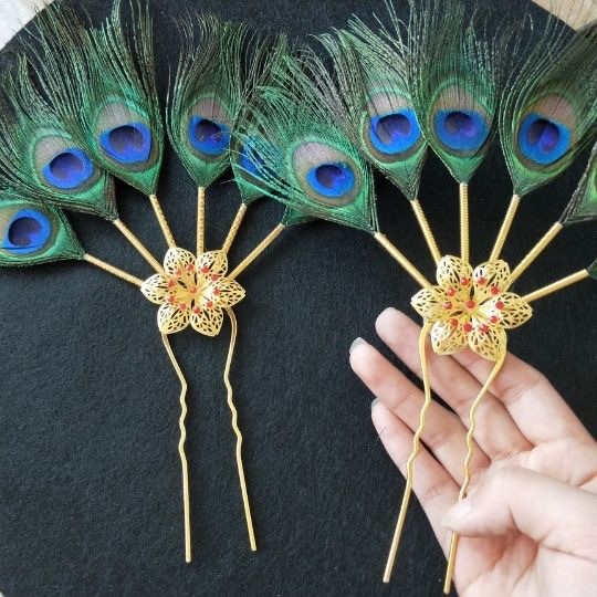 Grampo de cabelo de pena de pavão, acessórios para cabelo Tsutsu, acessórios de dança nacional, acessórios de tomada de