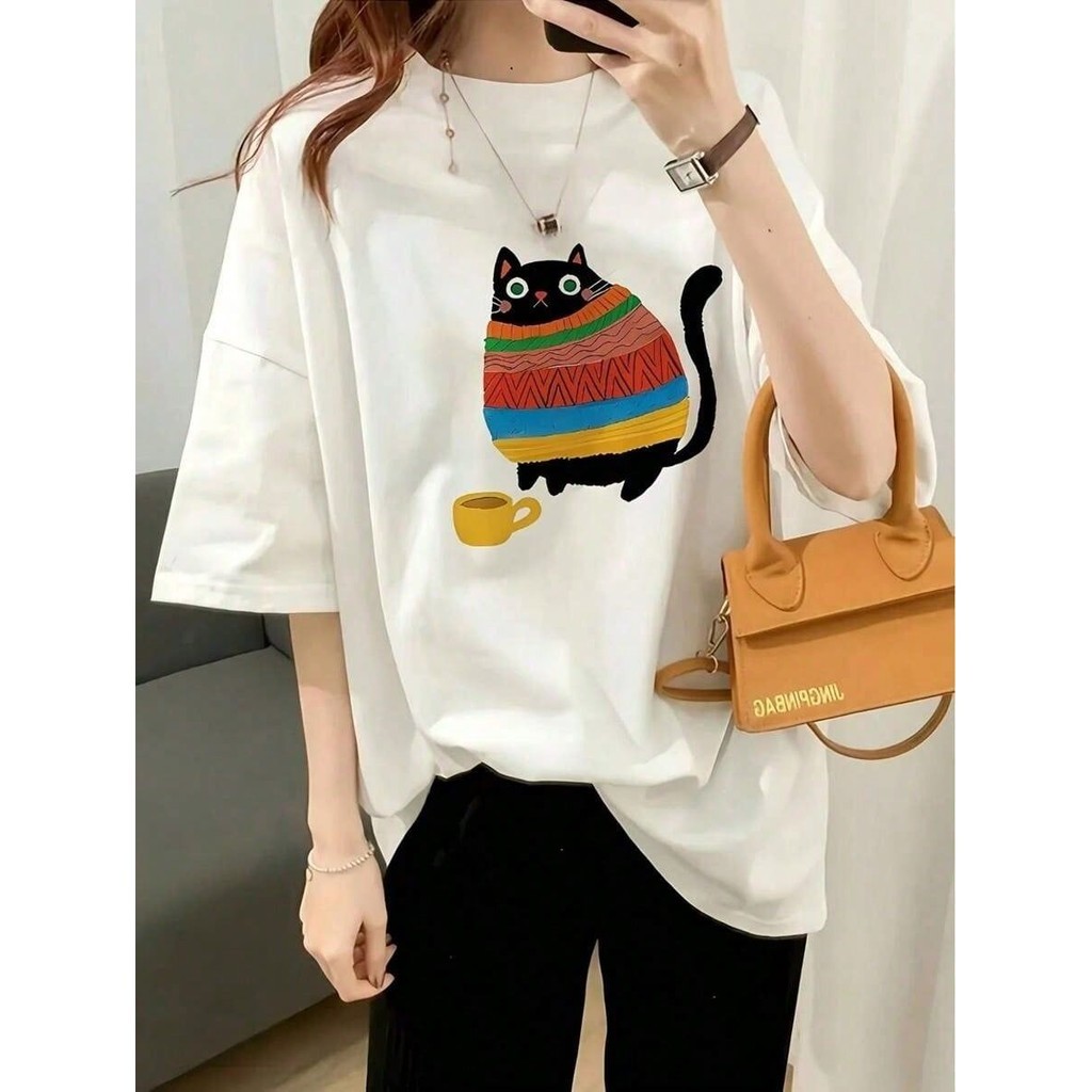 Camiseta Feminina Estilosa Gato Gordinho Blusa Delicada Engraçada Tecido Confortável Algodão Algodão