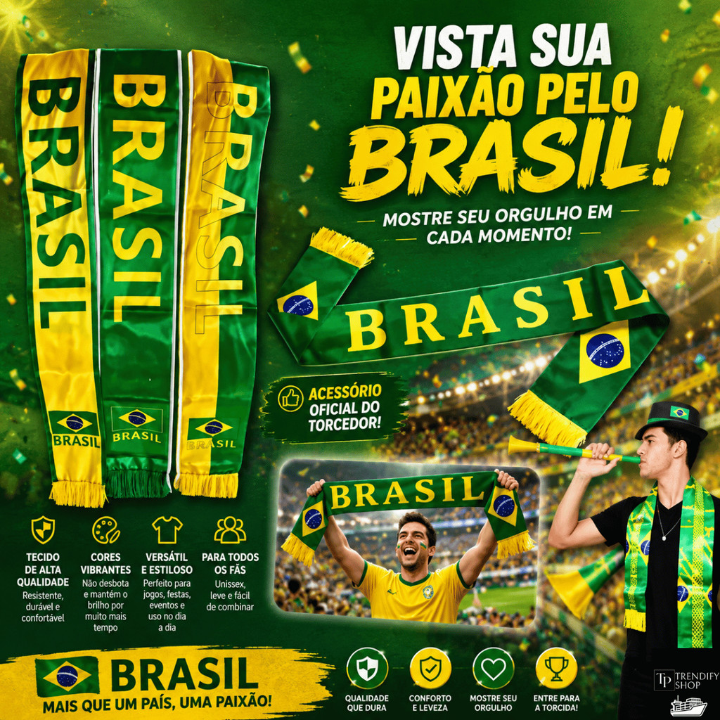 Faixa Torcedor Brasil Verde e Amarelo Cachecol Futebol Copa do Mundo Seleção Brasileira Premium