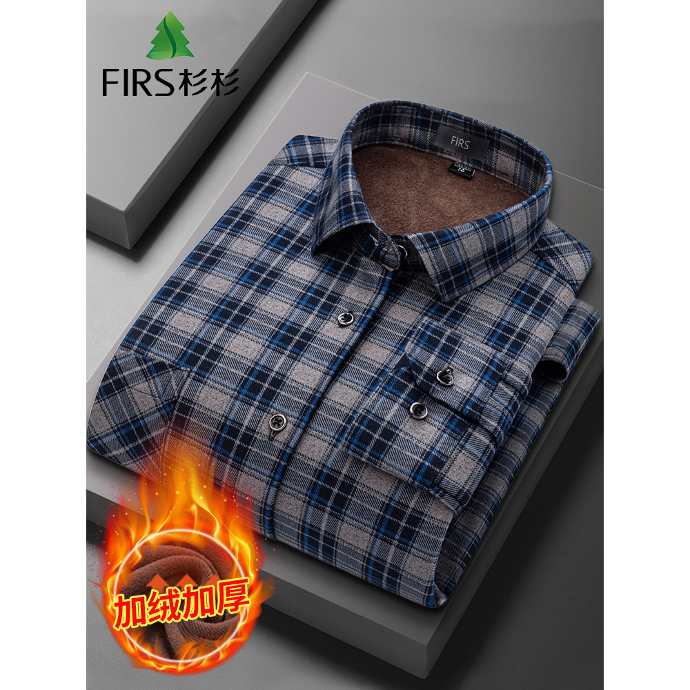 [Lã dupla face] Sugisan Camisa quente masculina de manga comprida de lã de inverno espessada camisa xadrez Casual roupa