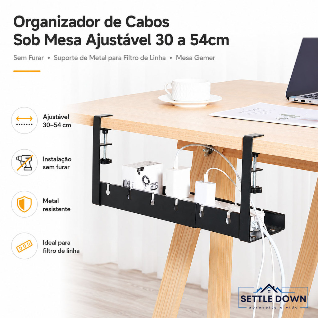 Organizador De Cabos Sob Mesa Ajustável 30 a 54cm Sem Furar Suporte Metálico Para Filtro De Linha Mesa Gamer