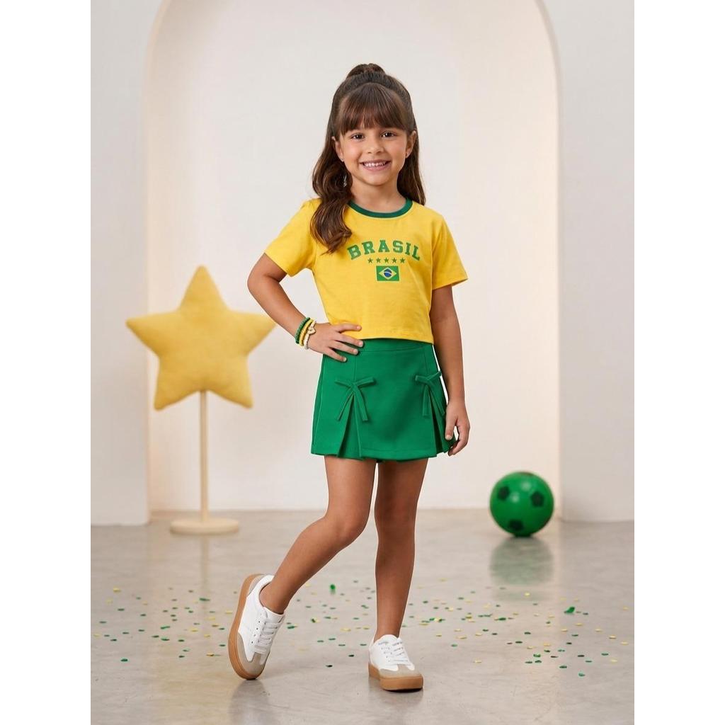 Conjunto blusa cropped e short saia brasil moda infantil copa do mundo roupa menina estilosa torcedora