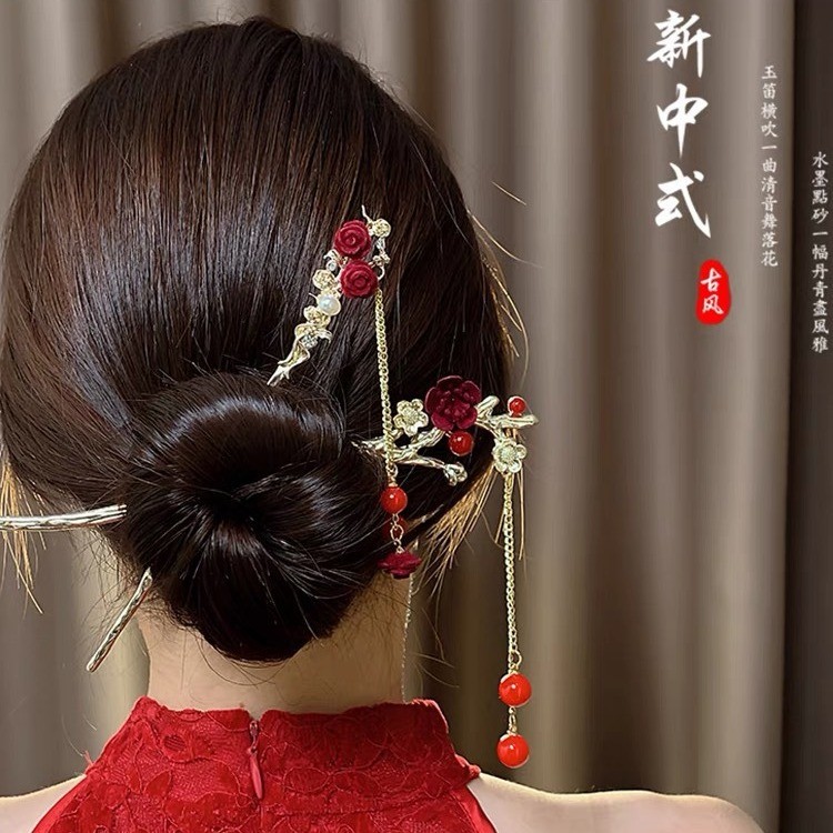 Estilo chinês noivado cocar feminino rosa borla hairpin nupcial casamento torrada placa hairpin estilo chinês jóias fest