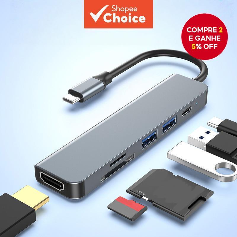 Adaptador Hub USB C com 6 Portas com HDMI compatível, carregamento PD, leitor de cartão SD/TF para acessórios de