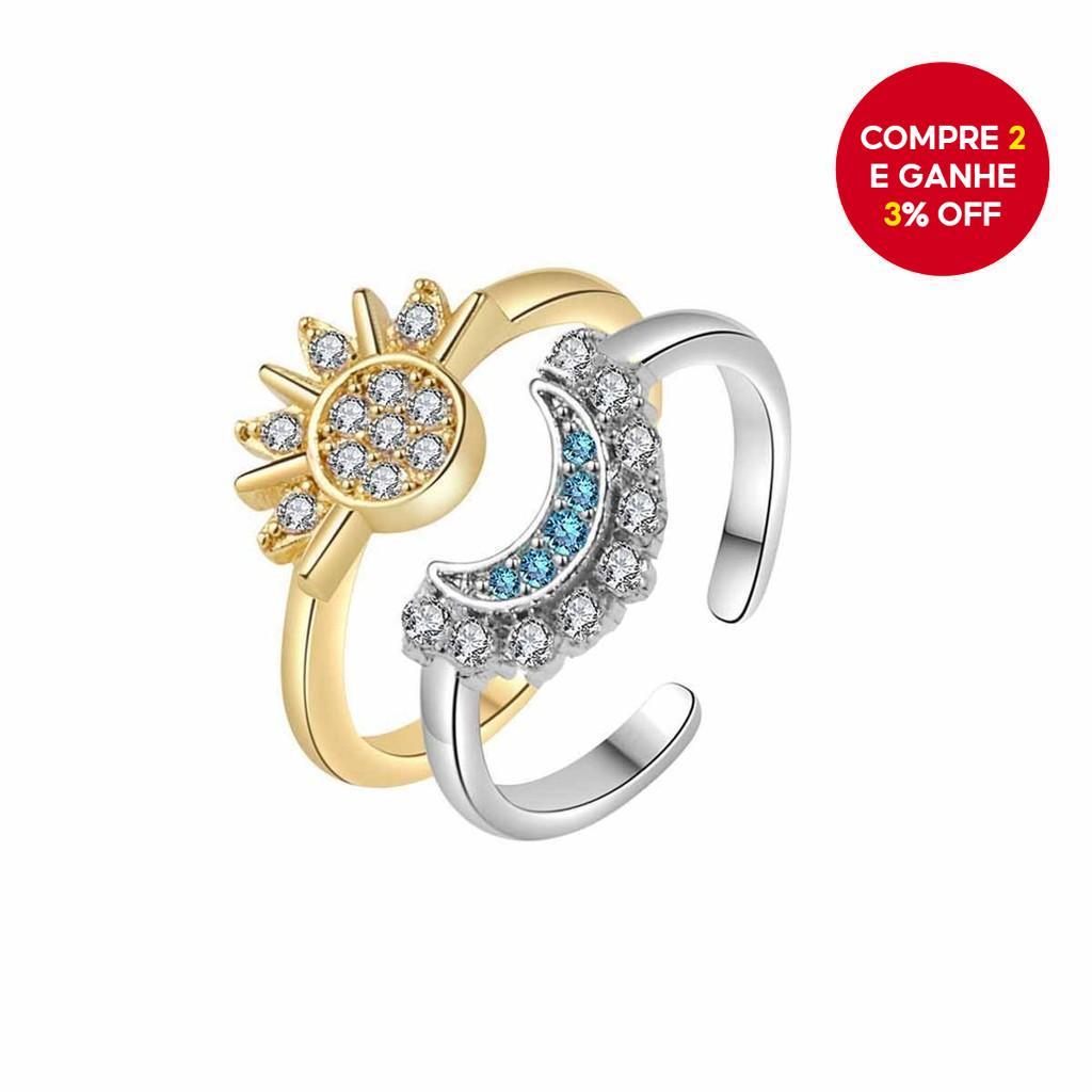 Conjunto De Anéis De Empilhamento De Sol E Lua Para Mulheres , Design Aberto Ajustável Com Detalhes De Cristal