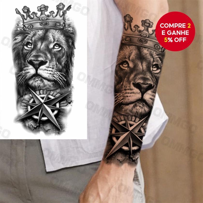 Tatuagem Temporária-Adesivo De Coroa De Bússola De Leão À Prova D'água , Arte Corporal Realista Para Mulheres E Homens
