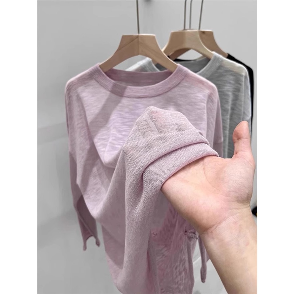 [Estoque pronto] Blusa de algodão Slub de manga comprida em pó de concha feminina verão máscara ligeiramente transparent