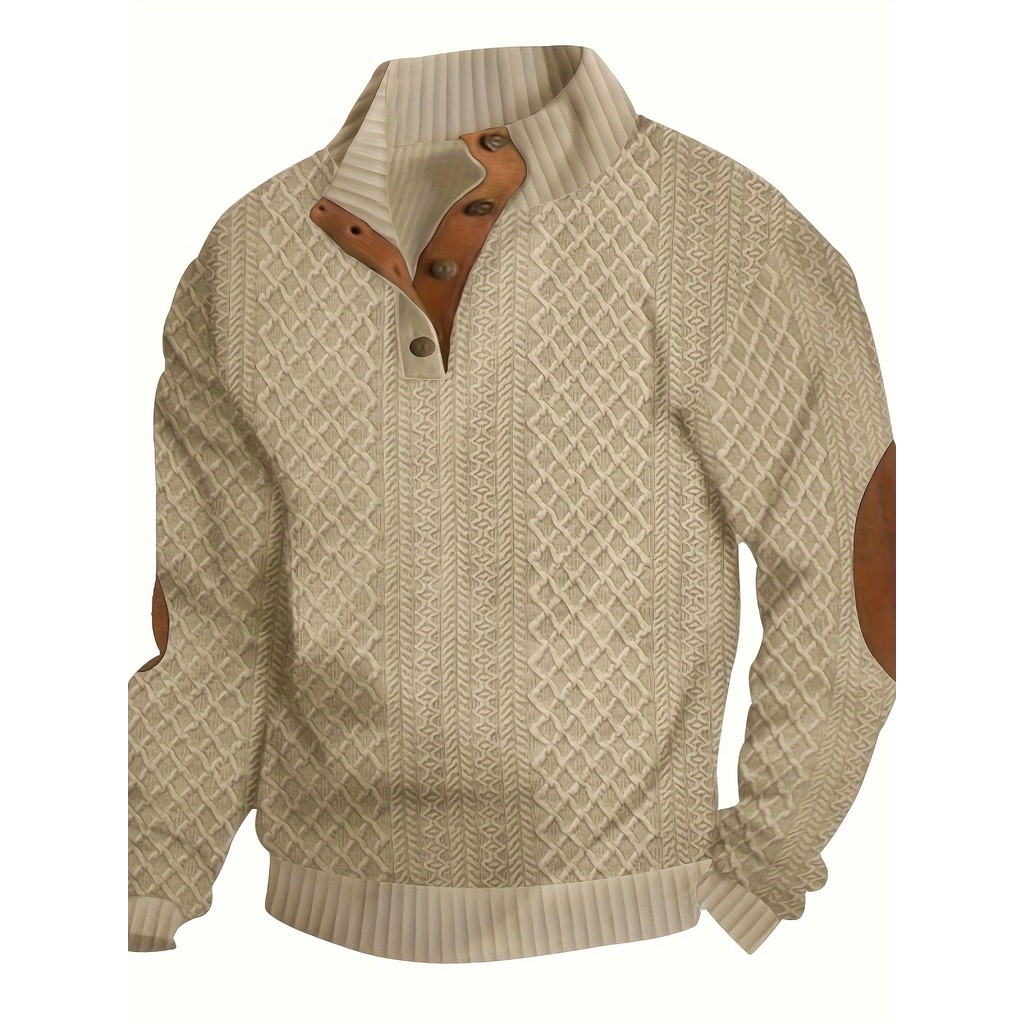 Suéter Masculino Casual Esportivo com Padrão de Diamante em Tricô Jacquard e Detalhe de Botões - Gola Alta, Manga Longa,