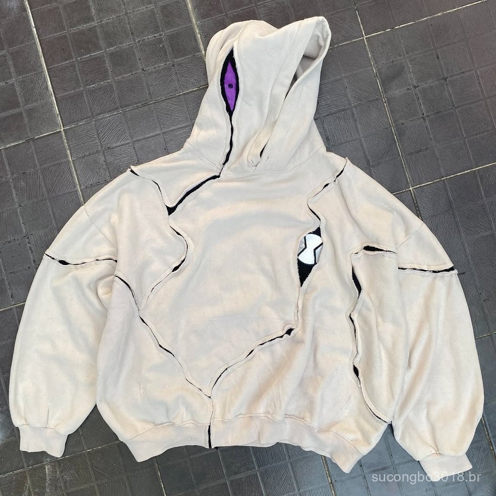 Cor Clara Emenda Bordado Vintage Estética Olho Impressão Casual Pullovers Com Capuz Masculino Versátil Clássico Harajuku