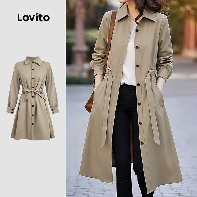 (Lovito x Ana) Casual Manga Longa Casaco Khaki de Botão com Bolso Frontal para Outono/Inverno para Mulheres LNL141448