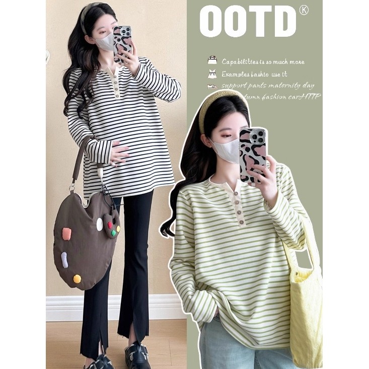 Roupa de maternidade 2026 novo estilo primavera topo solto moda estilo ocidental listrado manga comprida camiseta capa b