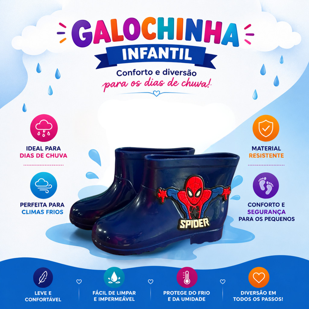 Galocha Bota Infantil Menino Menina Aranha Lisa Personagens Impermeável Chuva Escola