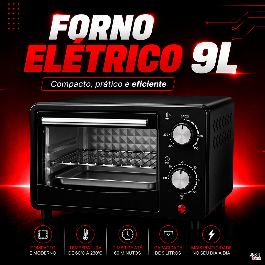 Forno Elétrico Compacto 9 Litros com Timer e Controle de Temperatura