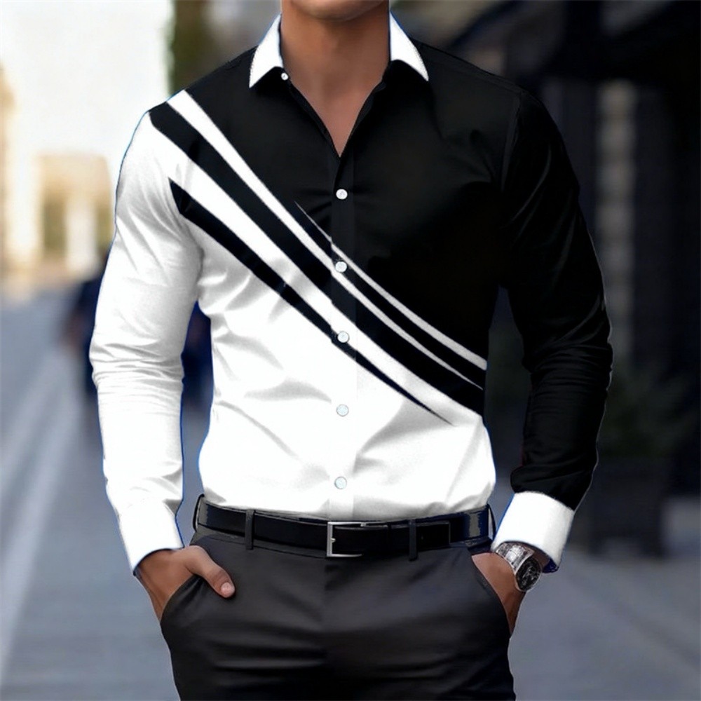 Camisa masculina listrada de manga comprida com bloco colorido, camisa abotoada com lapela, camisa Casual masculina para