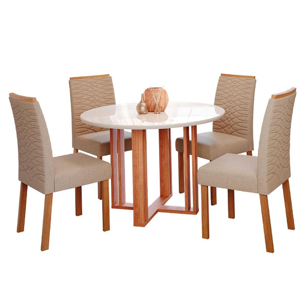 Conjunto de Mesa de Jantar Tampo de Vidro Off White Flora Redonda e 4 Cadeiras Clarice WOOD Cinamomo/Madeira/Linho Bege