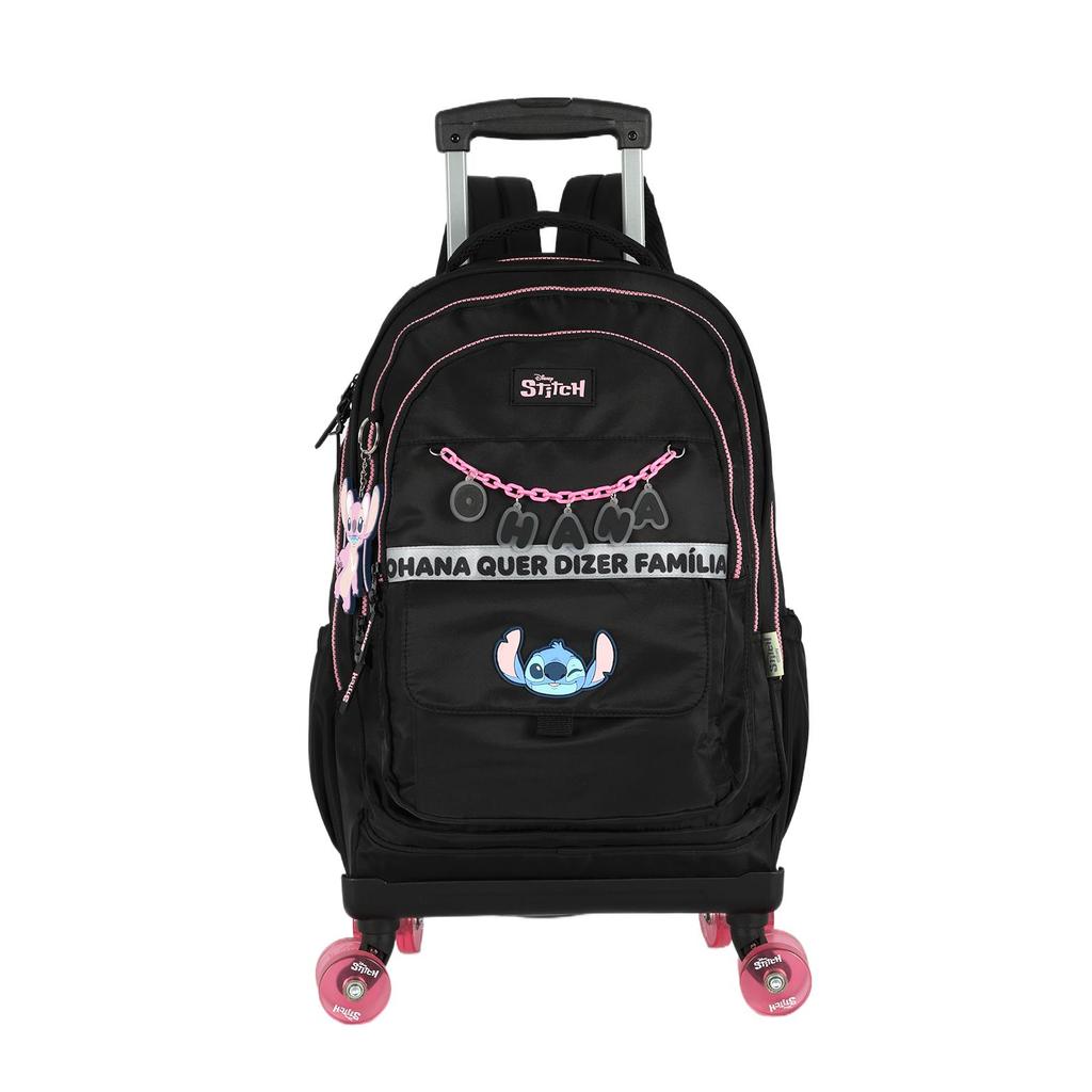 Mochila de Rodinhas Skate Média Juvenil Náilon Notebook Ohana Stitch com Chaveiro