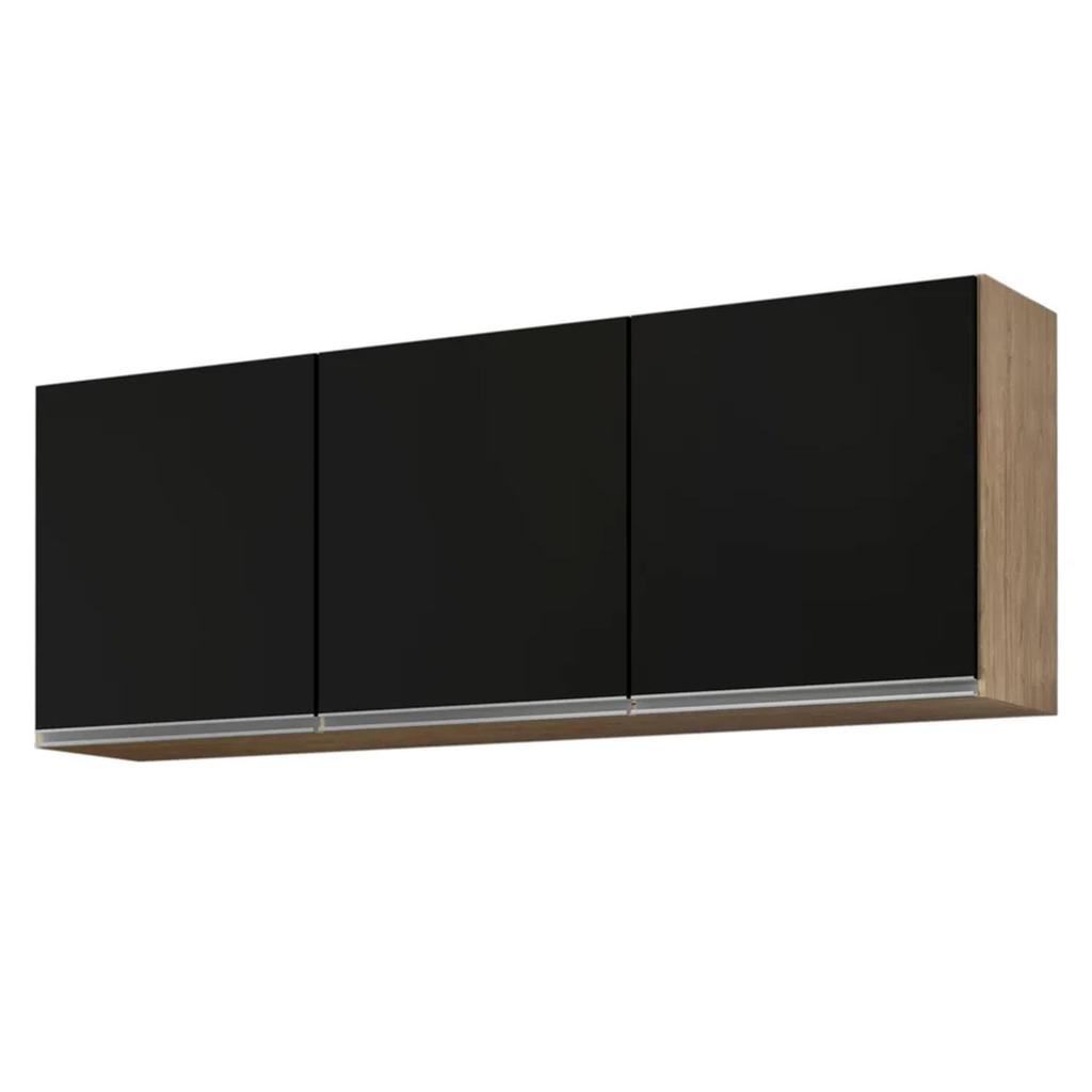 Armário Aéreo de Cozinha 150cm 3 Portas Argélia Castanho/Preto - Lumil Móveis