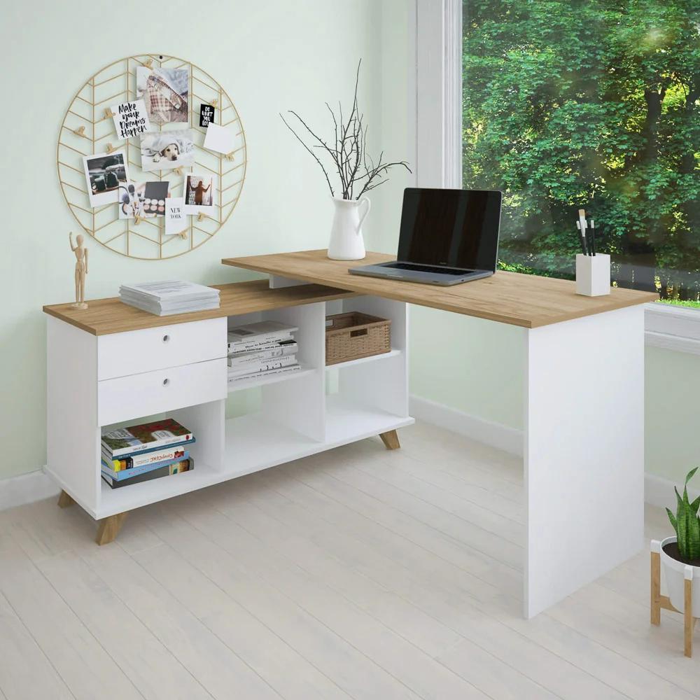 Mesa Para Computador Escrivaninha Em L Gold 2 Gavetas e Nichos  Branco/Olmo - Artany