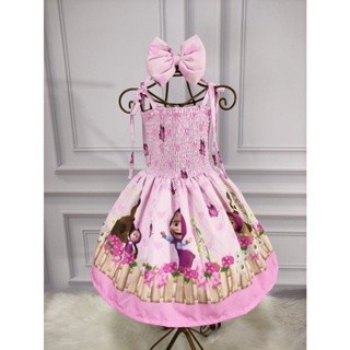 Vestido Menina Infantil Lastex Temático Macha e o Urso Rosa