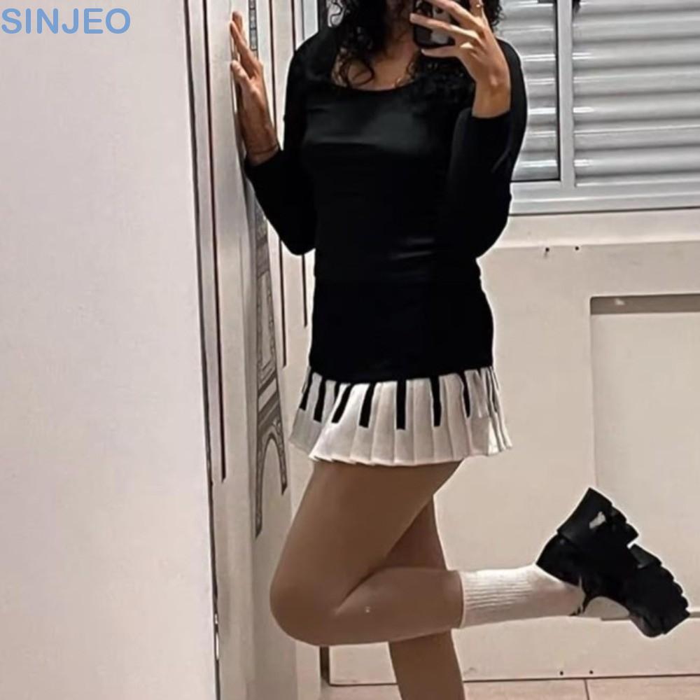 Saia De Piano SINJEO , Plissada De Teclado Estilo Coreano Fino , Vestido JK De Emenda Preto E Branco Curta