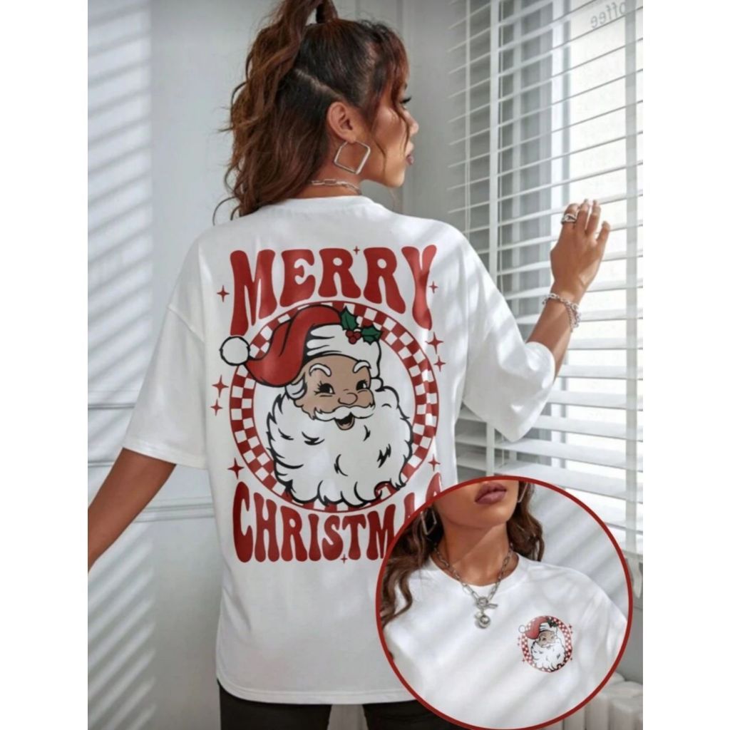 Camiseta Oversized Feminina Masculina Casual Feliz Natal Estampado Merry Christmas