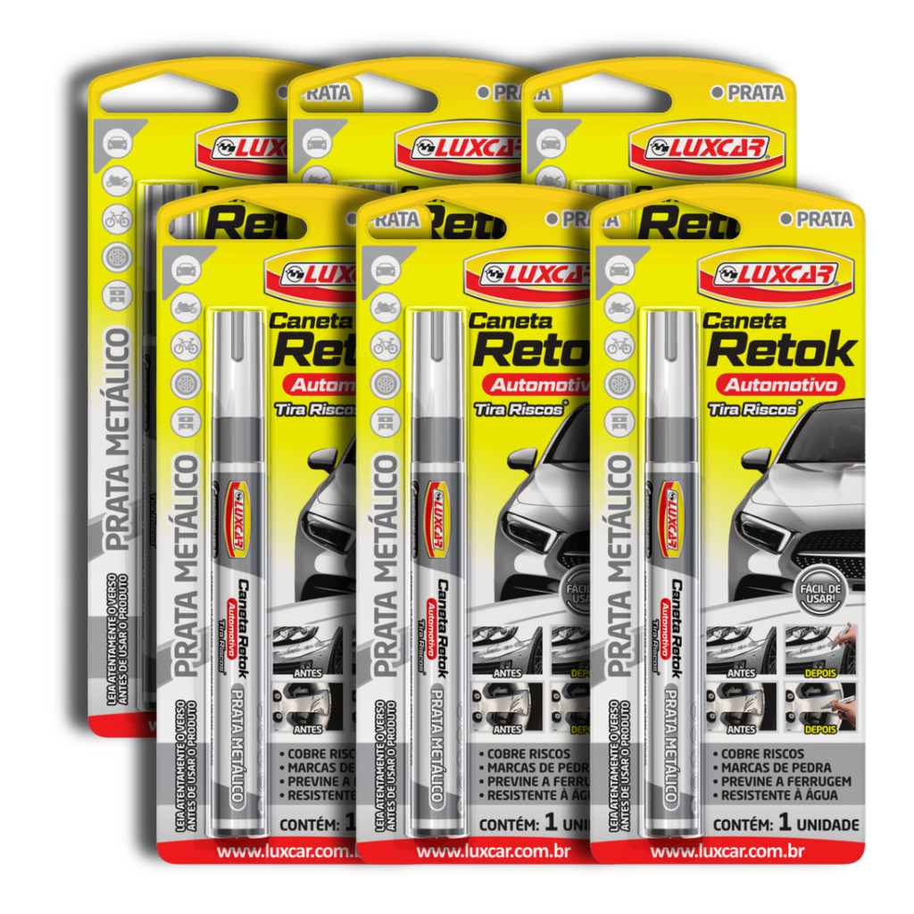 Kit 6 Canetas Tira Riscos Carro Prata Luxcar Retok Cobre Arranhão Automotivo Previne Ferrugem Resistente a Água 6 Peças