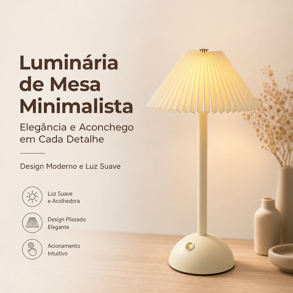 Luminária De Mesa Creme Minimalista Luz Quente Led Moderna
