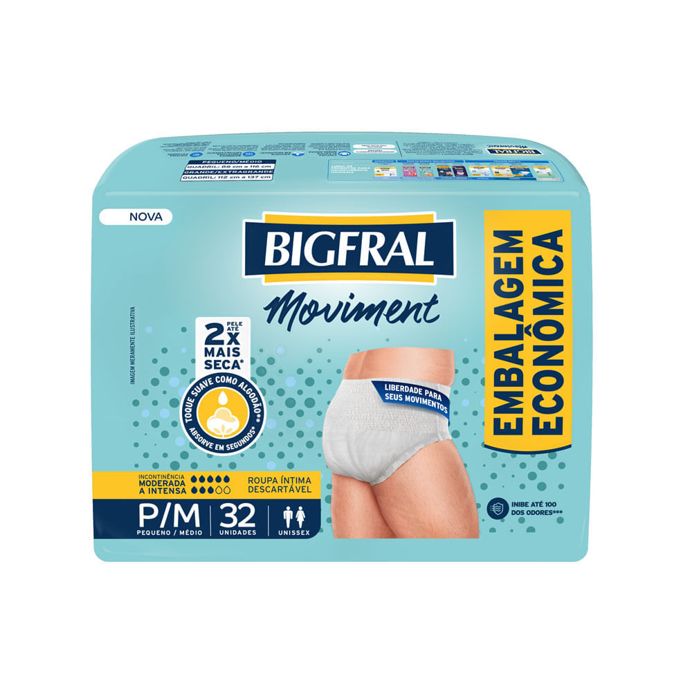 Roupa Íntima Descartável Unissex Bigfral Moviment P/M 32 Unidades Embalagem Econômica