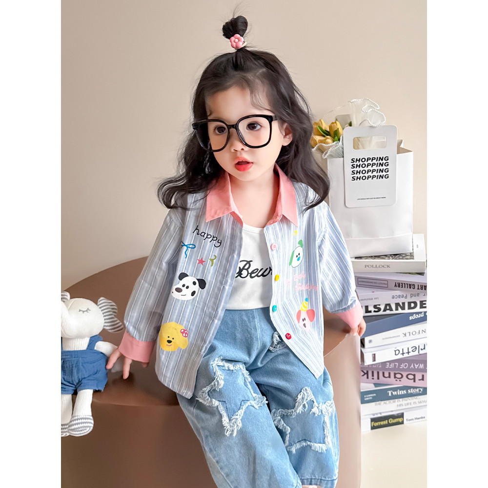 Meninas puro algodão dos desenhos animados camisas de manga comprida área meninas camisas listradas crianças topos lapel