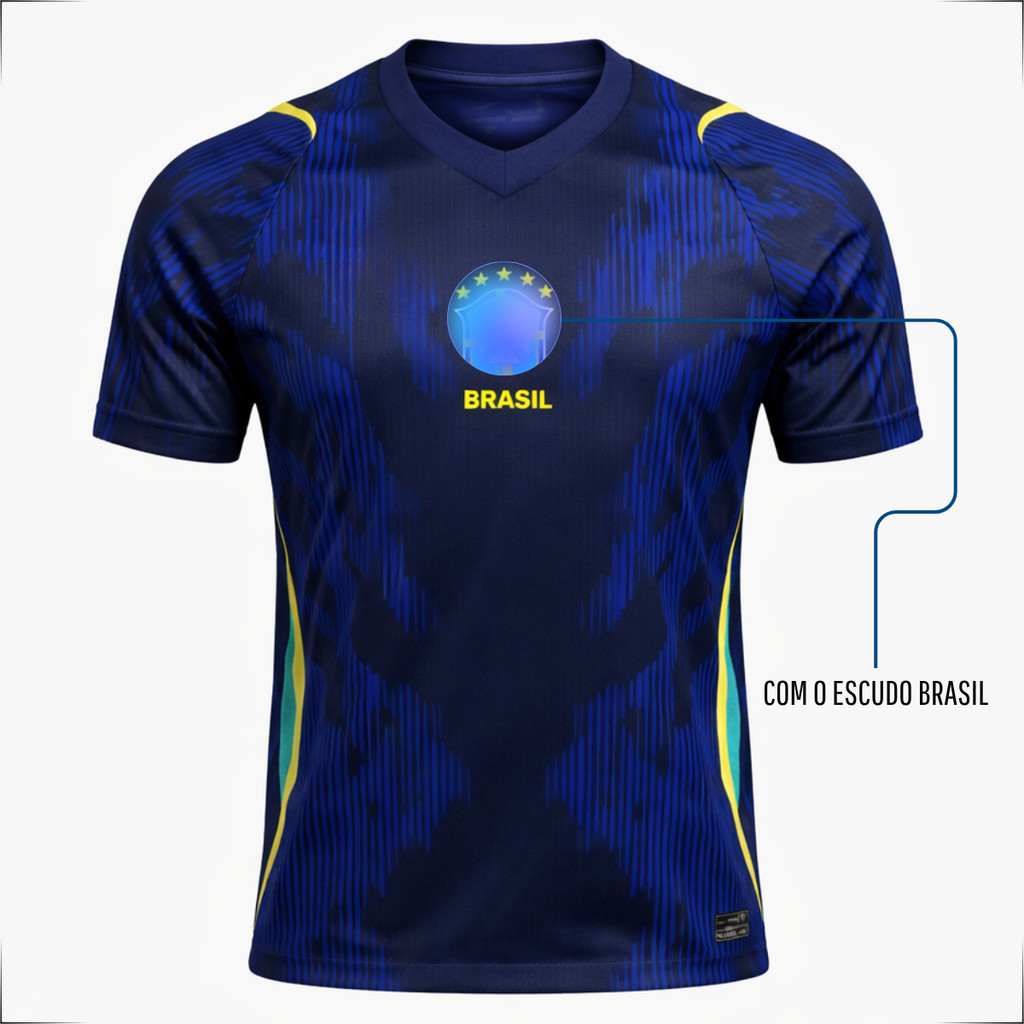 Camisa Torcedor Brasil Azul Escuro Unissex Uniforme Futebol Gol Manga Curta
