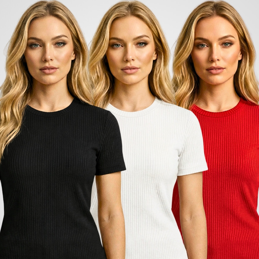 Kit com 3 Blusa Feminina Slim Canelada Camiseta Premium Casual Moderna Confortável Ajustada Ao Corpo