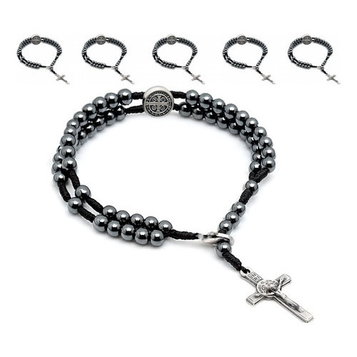 Kit 6 Pulseira Terço De Pulso Hematita Medalha São Bento Hematita São Bento 21 Cm