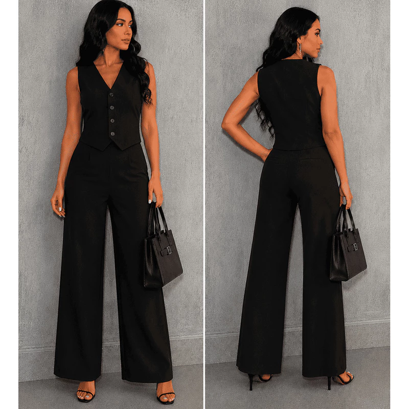 Conjunto Feminino Alfaiataria Blusa Colete e Calça Pantalona Social Elegante com Botão Moda Evangélica Outono Inverno