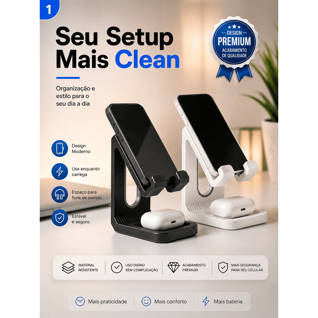 Suporte Celular Universal Mesa Base Porta Fone Apoio Carregamento Vertical Smartphone Preto e Branco