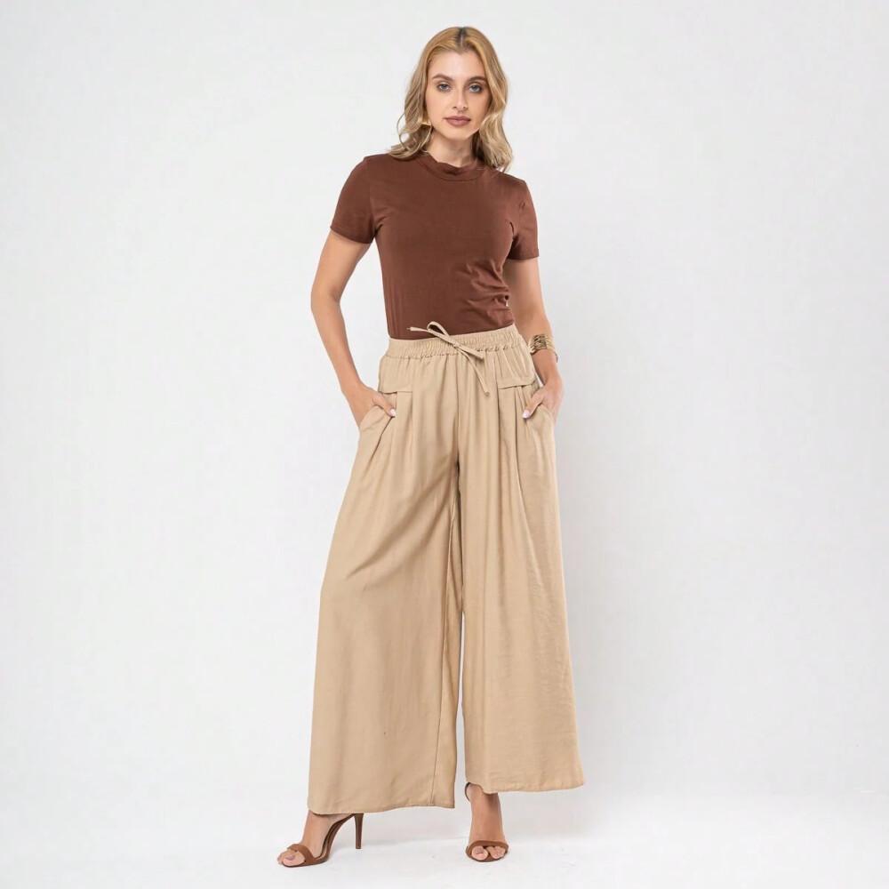 Bege Calça feminina em tecido de fibra de gelo, calça de cintura alta com bolsos,saia-calça folgada de perna larga